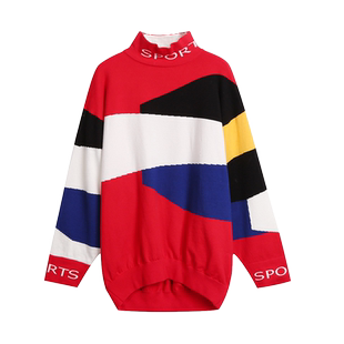 新款春秋慵懒风百搭超火高领宽松加厚中长款拼色字母针织毛衣女潮