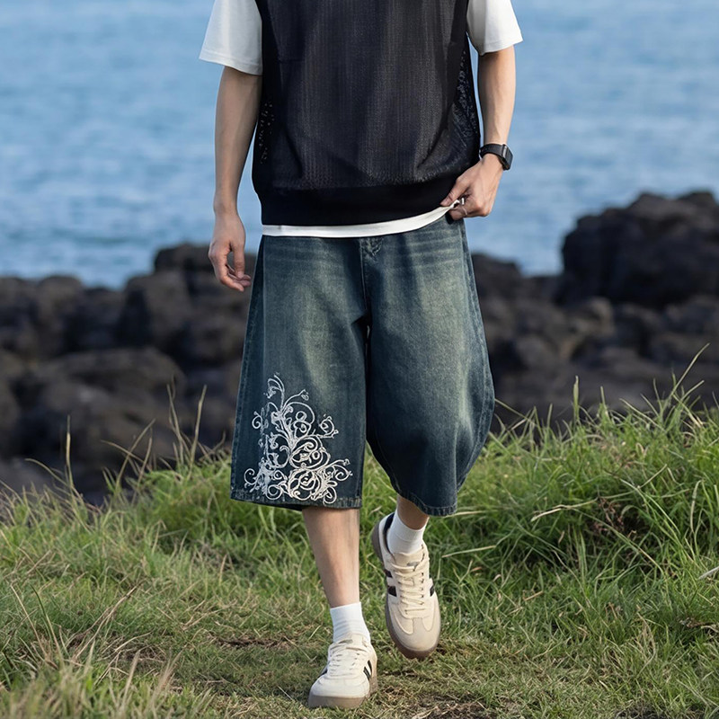 美式高街重工绣花七分牛仔裤男女2026年夏季新款宽松短裤阔腿裤子