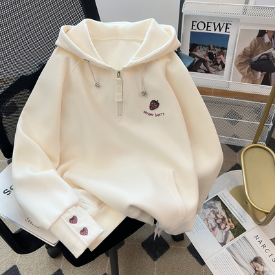 高级感美式慵懒草莓刺绣连帽卫衣女春秋季2025新款爆款欧货小个子
