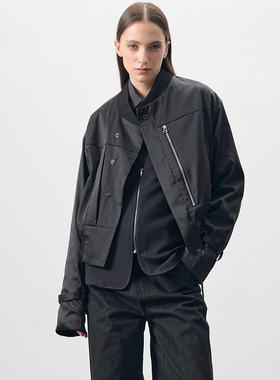 BEVAN UP|黑绸 斜门襟锻料短款飘绳松紧夹克