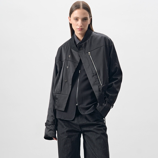 BEVAN UP|黑绸 斜门襟锻料短款飘绳松紧夹克