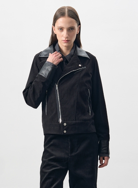 BEVAN UP| Defy trend* 灯芯绒拼皮翻领侧双拉短款机车夹克外套