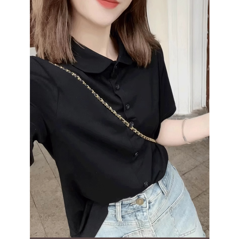 黑色设计感小众polo领短袖t恤女夏季气质显瘦薄款独特正肩上衣