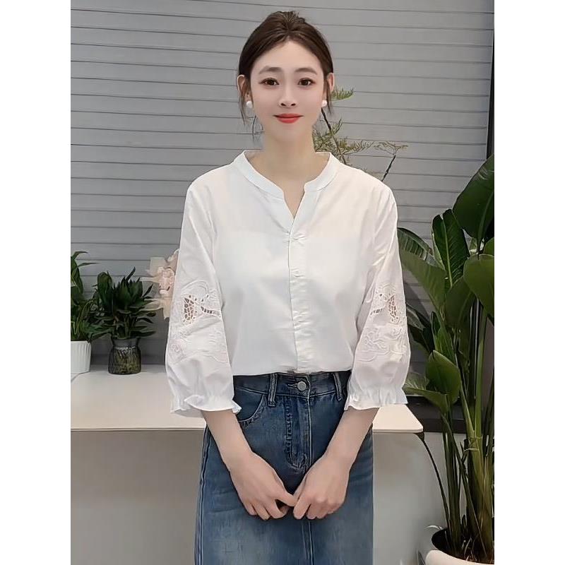 画辑夏装2025新款泡泡袖中袖上衣别致七分袖夏季短袖雪纺衬衫女装