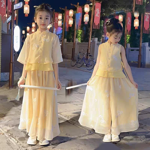 女童国风半袖套装新中式刺绣汉服夏季2026中大童母女阔腿裤两件套
