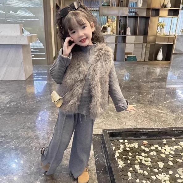 女童打底毛衣马甲裤子时髦三件套