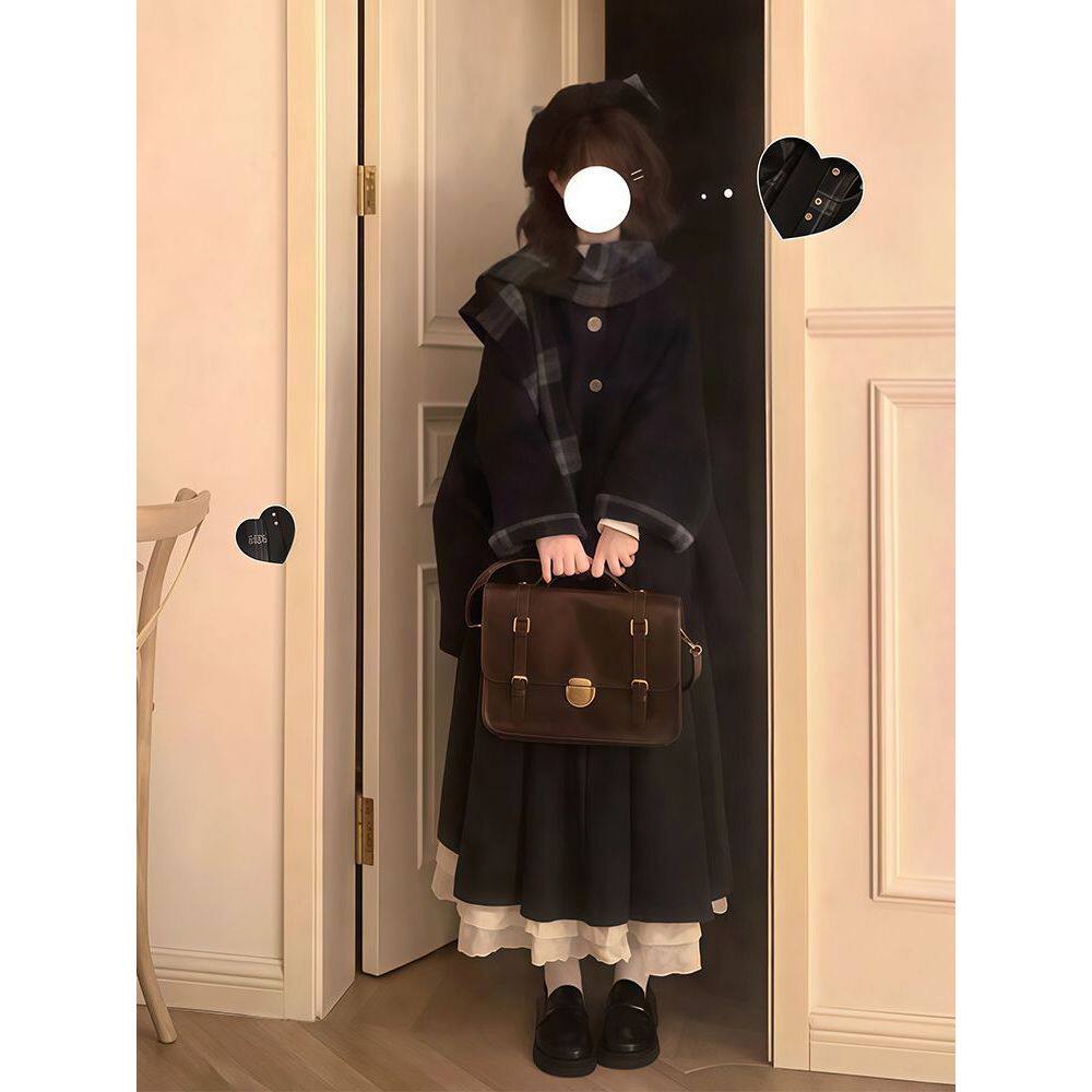 格纹晚叙 日系学院风毛呢藏青色斗篷外套+格纹围巾两件套新款