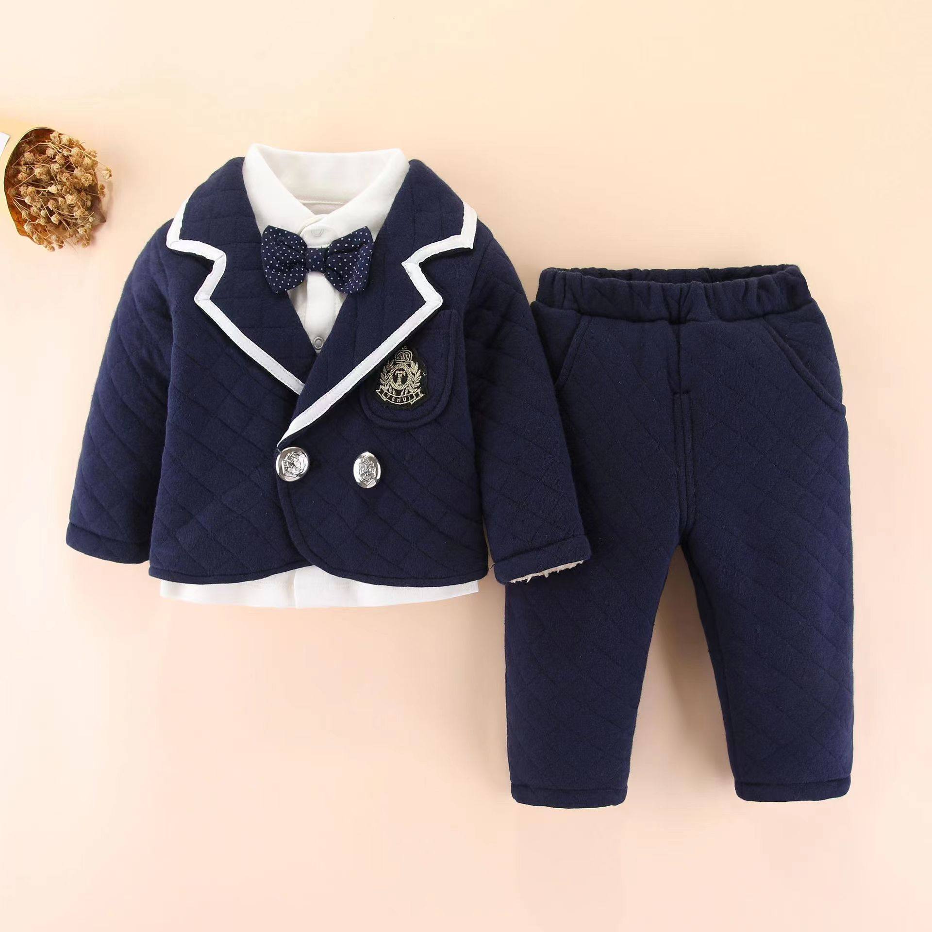 秋冬男童绅士礼服三件套加厚加绒分体男孩宝宝周岁西装生日小西服