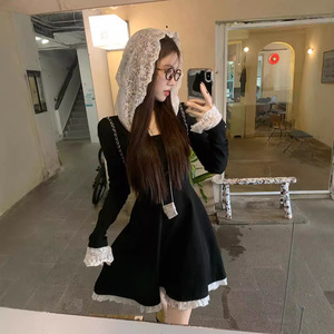 实拍~ 拼接设计感显瘦黑色内搭叠穿针织长袖连衣裙女秋季新款