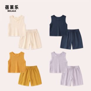 【木代尔棉套装 小乐妈咪】男童夏季洋气时尚背心薄女童两件套