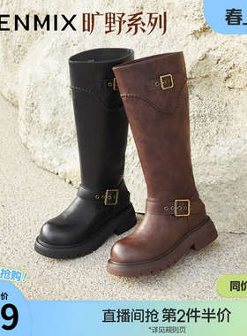 天美意复古厚底骑士靴西部靴长靴女高筒时装靴冬季新款BM351DG5