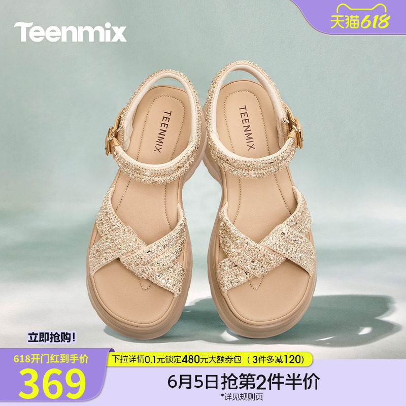 天美意一字带闪钻增高厚底凉鞋女外穿时装凉鞋2026夏新款KI018BT6