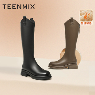 【超级年货节】天美意厚底V口加绒骑士靴长靴女鞋子高筒时装皮靴