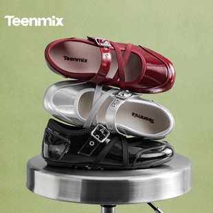 天美意内增高芭蕾运动玛丽珍鞋红色小皮鞋女浅口单鞋2026春季新款