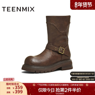 天美意复古厚底西部靴短靴骑士靴长靴女鞋子高筒时装靴2025冬新款