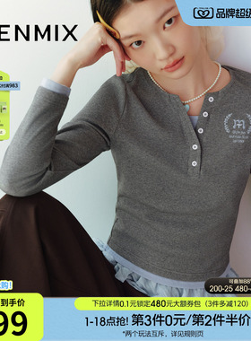 天美意休闲拼色刺绣韩系长袖T恤女透气上衣秋季新款FSA11CT5