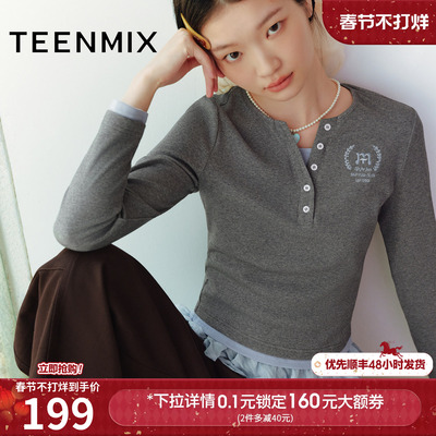 天美意休闲拼色刺绣韩系长袖T恤女透气上衣2025秋季新款FSA11CT5