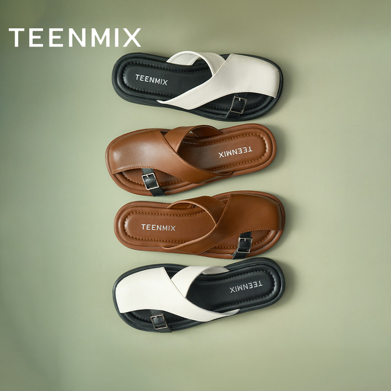 天美意平底复古包头半拖鞋女外穿罗马沙滩凉鞋穆勒鞋夏季新款