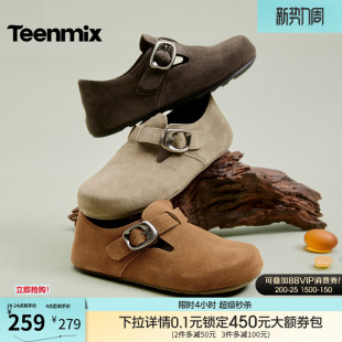 新款 天美意复古厚底勃肯鞋 冬季 女毛毛鞋 全包一脚蹬软底休闲单鞋