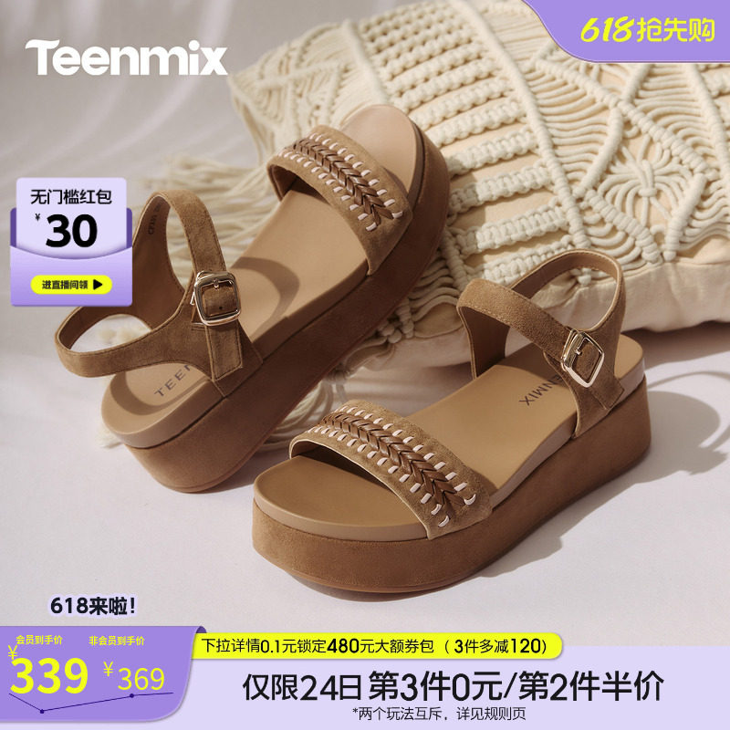 天美意一字带凉鞋复古休闲厚底凉鞋女时装凉鞋2026夏新款CFX03BL6