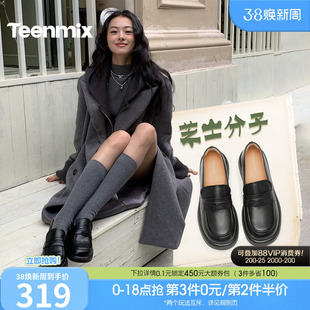 一脚蹬小皮鞋 女新款 子 复古单鞋 天美意芝士分子厚底休闲英伦乐福鞋