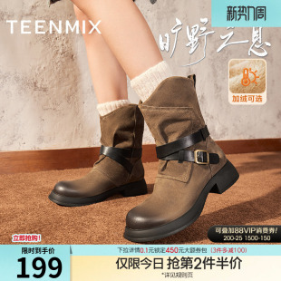 子加绒短靴冬新款 吕颖同款 天美意巴恩风复古西部靴骑士靴女鞋