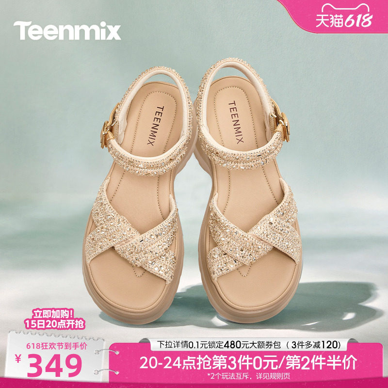 天美意一字带闪钻增高厚底凉鞋女外穿时装凉鞋2026夏新款KI018BT6