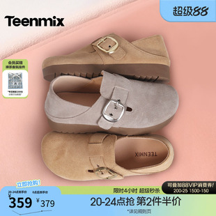 天美意复古两穿厚底勃肯鞋全包女鞋子一脚蹬休闲单鞋2026春季新款