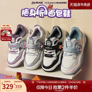 新款 春季 女运动板鞋 天美意疯狂动物城联名随身听厚底面包小白鞋