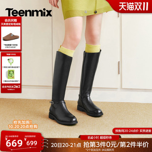 天美意粗跟斜口长筒骑士靴女显瘦软皮高筒靴黑色长靴2026秋冬新款