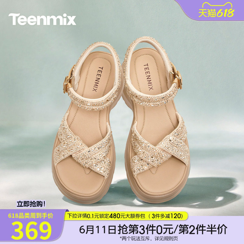 天美意一字带闪钻增高厚底凉鞋女外穿时装凉鞋2026夏新款KI018BT6