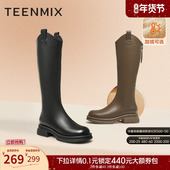 天美意厚底V口加绒骑士靴长靴女鞋 BH641DG5 新款 子高筒时装 靴冬季