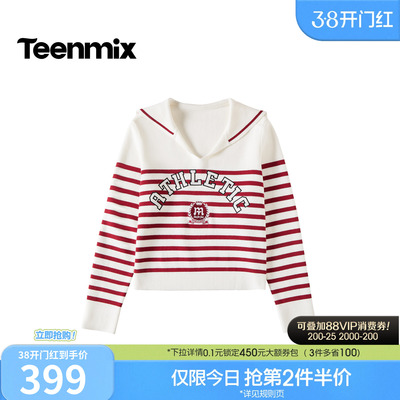 天美意条纹海军领学院风针织衫女长袖毛衣套衫2026春新款FSA29AM6