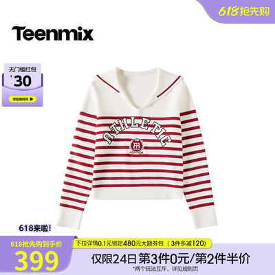 天美意条纹海军领学院风针织衫女长袖毛衣套衫2026春新款FSA29AM6
