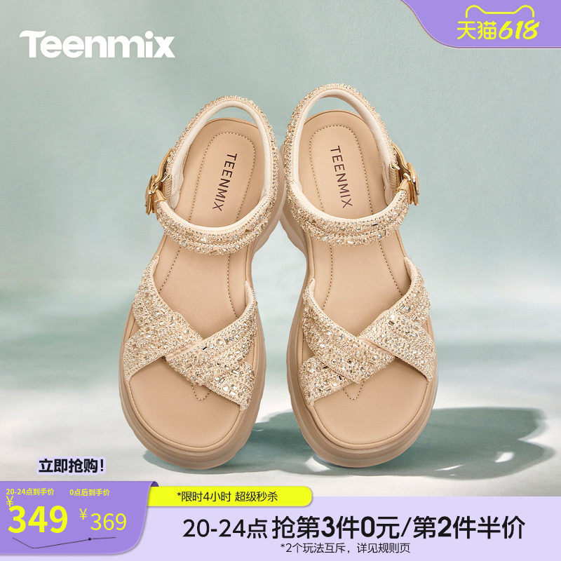 天美意一字带闪钻增高厚底凉鞋女外穿时装凉鞋2026夏新款KI018BT6