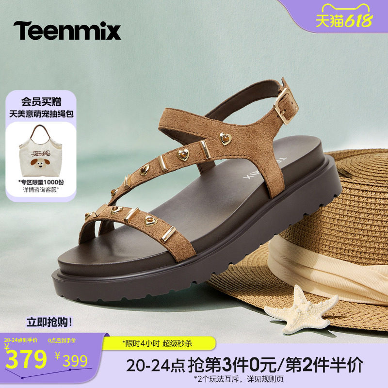 天美意一字带复古厚底凉鞋女外穿休闲时装凉鞋2026夏新款KI023BL6
