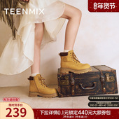 2025秋新款 天美意复古厚底大黄靴工装 靴英伦马丁靴皮短靴男女同款