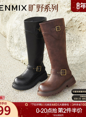 天美意复古厚底骑士靴西部靴长靴女高筒时装靴2025冬新款BM351DG5