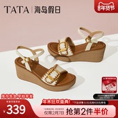 TATA他她海岛假日法式 2025夏7MYA1BL5 度假一字带凉鞋 坡跟凉鞋 女鞋