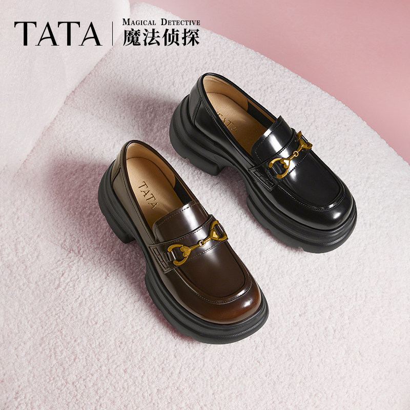 李兰迪同款TATA他她魔法侦探女鞋黑色乐福鞋厚底增高小皮鞋英伦风