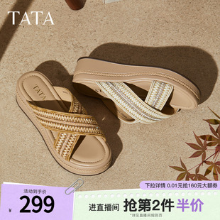 夏厚底坡跟一字拖通勤外穿休闲沙滩露趾凉拖WM302BT5 TATA他她女鞋