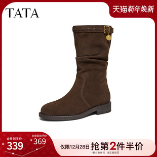 靴休闲靴加绒堆堆靴7TG65DZ5 西部靴复古时装 TATA他她女鞋 2025冬季