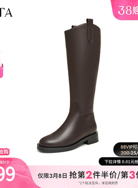 TATA他她靴子气质V口长筒靴女显瘦黑色骑士靴高靴时装靴7TG89DG4
