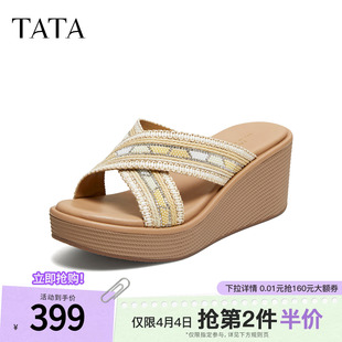 TATA他她一字拖夏季 女鞋 百搭厚底外穿休闲沙滩凉拖鞋 Y4E03BT6 新款