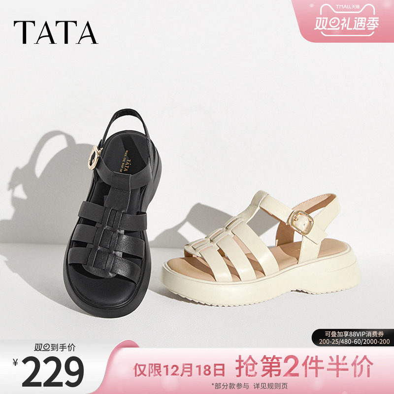 Tata他她休闲厚底猪笼鞋女鞋罗马凉鞋沙滩凉鞋2024夏新款YEW01BL4