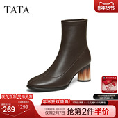 百搭时装 TATA他她靴子女2025冬季 新款 靴黑色洋气高跟靴羊皮短筒靴
