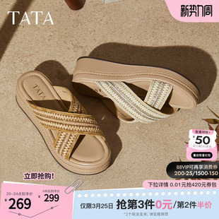 TATA他她女鞋 夏厚底坡跟一字拖通勤外穿休闲沙滩露趾凉拖WM302BT5