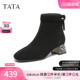 TATA他她靴子女鞋 粗跟加绒弹力短靴XJQ02DD5 2025冬羊皮百搭增高鞋