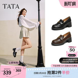 通勤皮鞋 TATA他她粗跟英伦乐福鞋 新款 浅口高跟单鞋 7A524AA5 女鞋