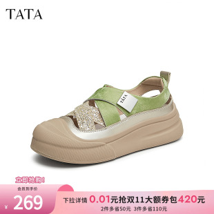 新款 Tata他她休闲厚底板鞋 2024秋季 户外镂空包头凉鞋 CAS01BH4 女鞋
